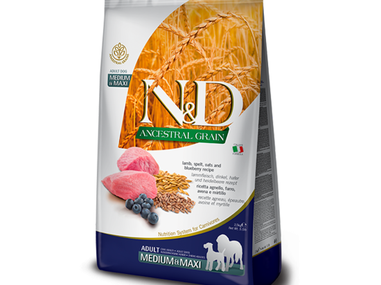 N&D Dog Ancestral Grain lamb, spelt, oats & blueberry adult medium & maxi